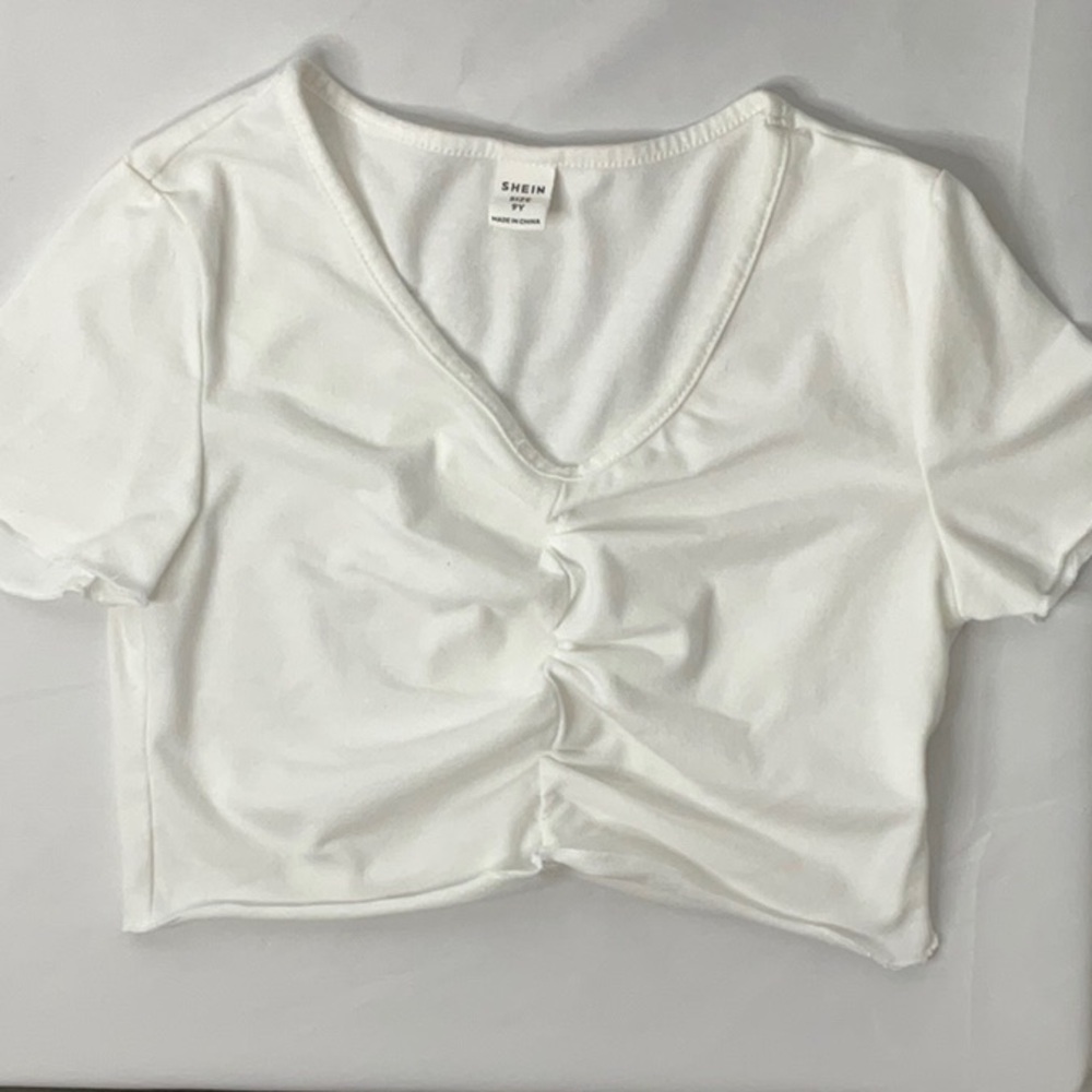 SHEIN Cropped T Shirt, V-neck, White Cotton Blend Size 9 Y